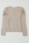 Khaki Buttoned Puff Long Sleeve Sheath Top-Tops-MomFashion