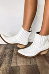 White Embroidered Leather Thick Heel Booties-Shoes & Bags-MomFashion