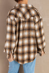 Brown Buttons Pocketed Plaid Shacket-Outerwear-MomFashion