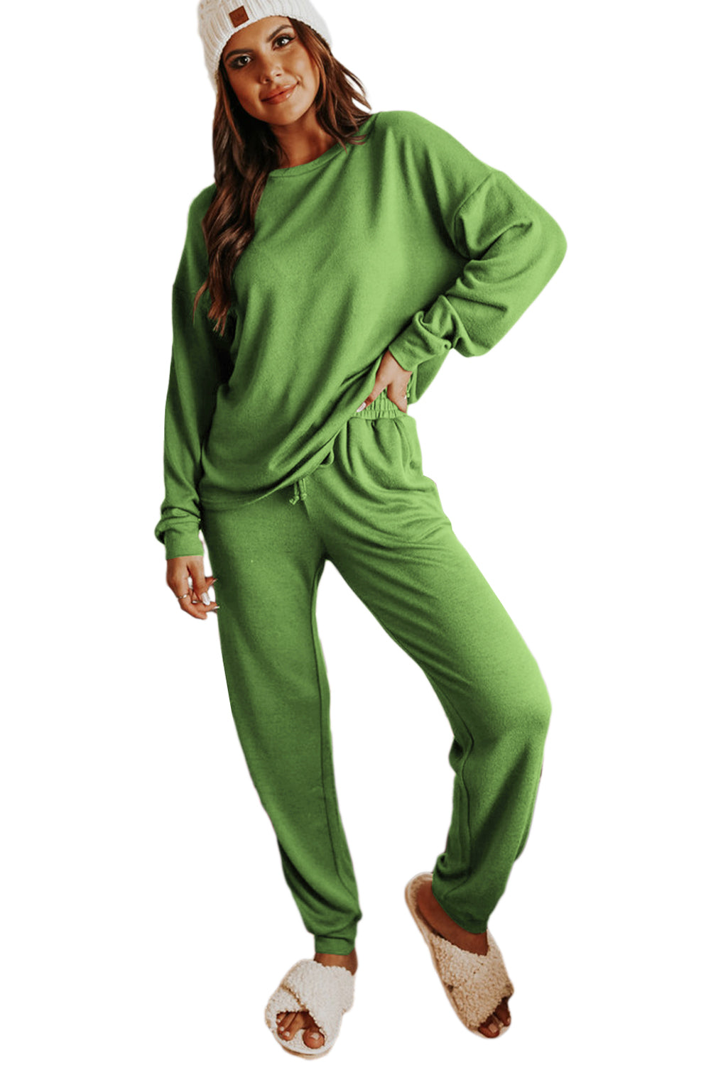 Spinach Green Long Sleeve Pullover and Jogger Pants Lounge Set-Loungewear-MomFashion