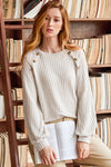 Parchment Contrast Lace Raglan Sleeve Buttoned Ribbed Top-Tops-MomFashion