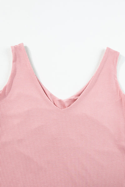 Light Pink V Neck Rib Textured Tank Top-Tops-MomFashion