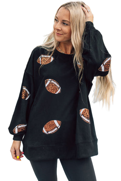 Black Sequin Rugby Graphic Pullover Sweatshirt-Tops-MomFashion