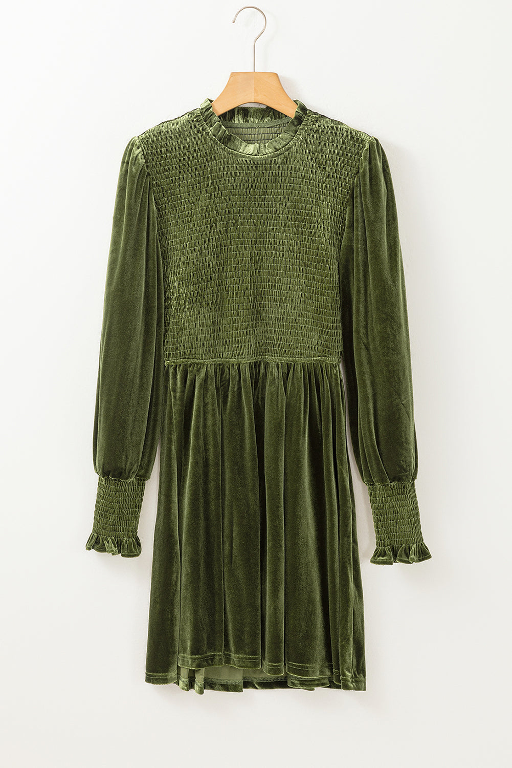 Moss Green Frilled Neck Smocked Bodice Velvet Dress-Dresses-MomFashion