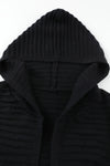 Black Horizontal Rib Knitted Open Front Hooded Cardigan-Tops-MomFashion