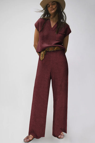 Fiery Red Knitted V Neck Sweater and Casual Pants Set-Loungewear-MomFashion