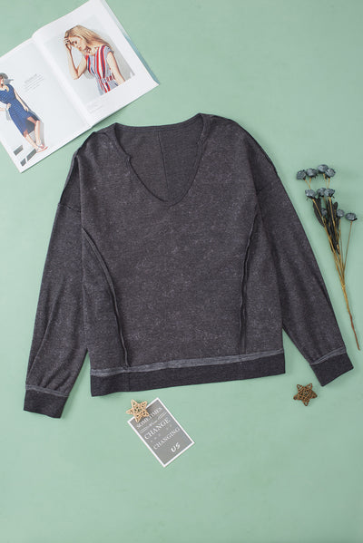 Gray Oversized Drop Shoulder Thermal Knit Top-Tops-MomFashion