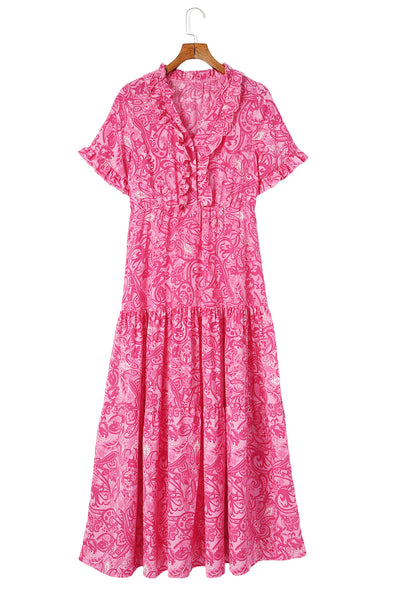 Pink Paisley Print Boho Holiday Ruffle Tiered Maxi Dress-Dresses-MomFashion