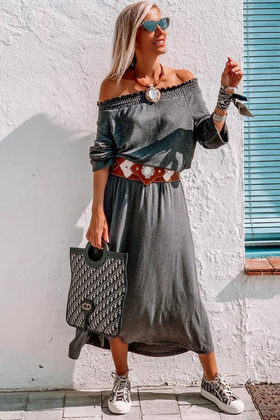 Gray Shirred Off Shoulder Maxi Dress with Split-Dresses-MomFashion