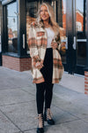 Brown Plaid Print Flap Pockets Long Shacket-Outerwear-MomFashion