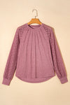 Rose Pink Contrast Lace Raglan Sleeve Plicate Round Neck Top-Tops-MomFashion