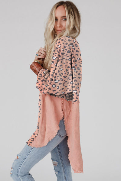 Pink Raw Edge Leopard Patchwork Oversized Blouse-Tops-MomFashion