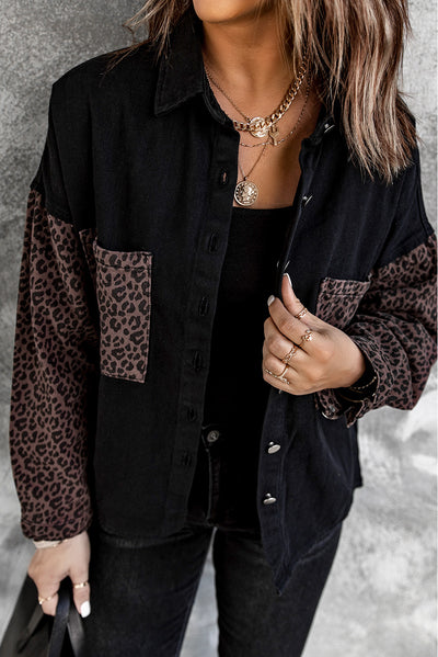 Black Contrast Leopard Denim Jacket-Outerwear-MomFashion