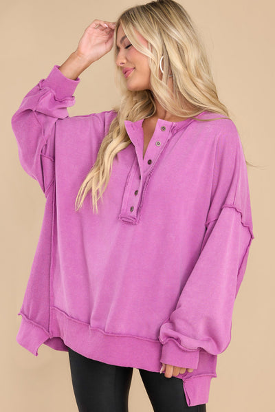 Purple Oversized Exposed Seam Henley Sweatshirt-Tops-MomFashion