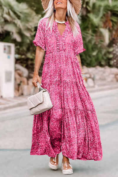 Pink Paisley Print Boho Holiday Ruffle Tiered Maxi Dress-Dresses-MomFashion