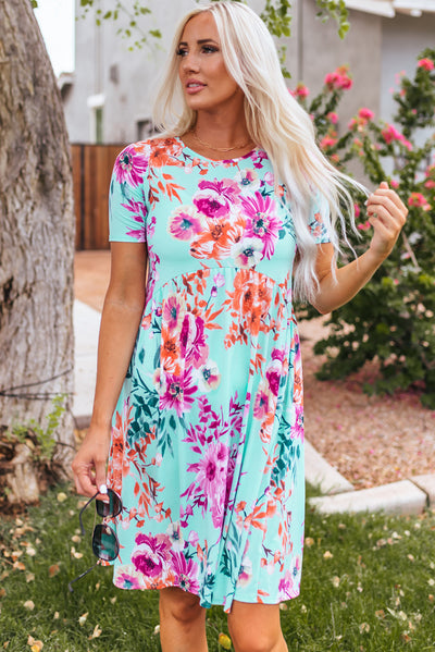 Sky Blue Short Sleeve High Waist Floral T-shirt Dress-Dresses-MomFashion