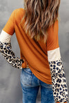 Brown Leopard Sequin Patchwork Long Sleeve Top-Tops-MomFashion