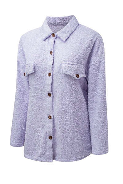 Purple Plush Button Down Pocketed Shirt Jacket-Outerwear-MomFashion