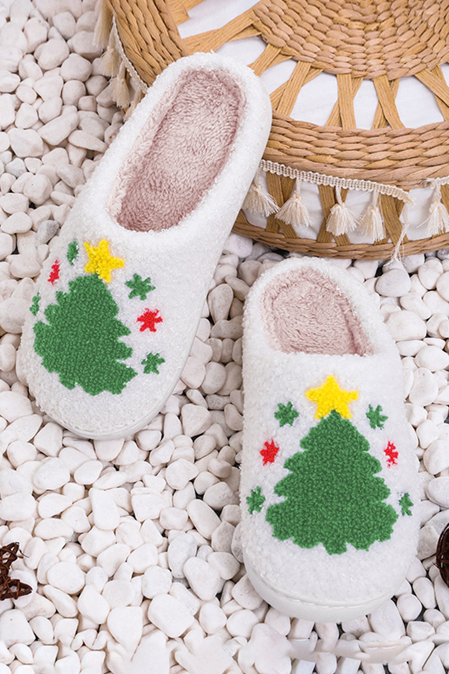 White Fuzzy Christmas Tree Pattern Home Slippers-Shoes & Bags-MomFashion