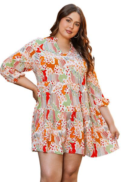 Multicolour Plus Size Mix Floral Puff Sleeve Ruffled Dress-Plus Size-MomFashion