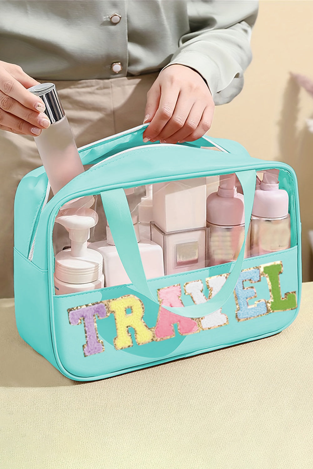 Mint Green TRAVEL Chenille Letter Clear PVC Makeup Bag-Accessories-MomFashion