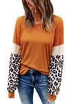 Brown Leopard Sequin Patchwork Long Sleeve Top-Tops-MomFashion