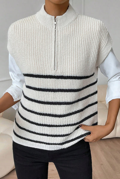 White Stripe Half Zip Split Stand Neck Sweater T-shirt-Tops-MomFashion