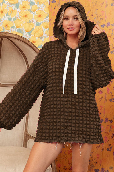 Dark Brown Bubble Textured Waffle Hoodie-Tops-MomFashion