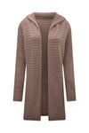 Brown Horizontal Rib Knitted Open Front Hooded Cardigan-Tops-MomFashion