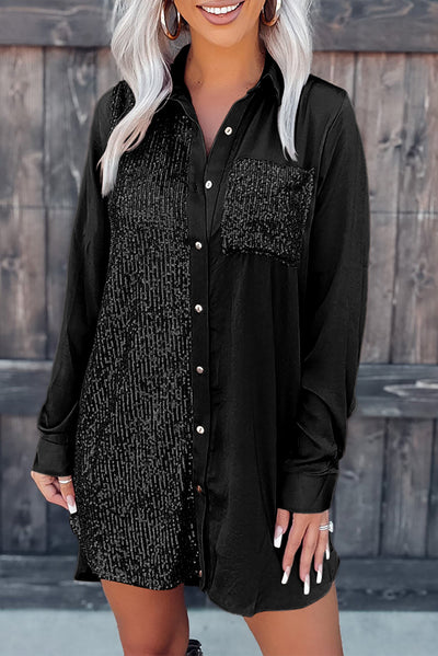 Black Sequin Splicing Pocket Buttoned Shirt Dress-Dresses-MomFashion