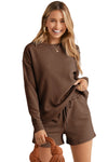 Brown Textured Long Sleeve Top and Drawstring Shorts Set-Loungewear-MomFashion