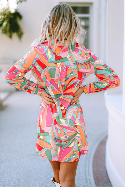 Multicolor Geometric Abstract Print Long Sleeve Shirt Dress-Dresses-MomFashion