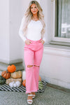 Pink Vintage High Waist Flare Leg Ripped Raw Hem Jeans-Bottoms-MomFashion