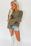 Sage Green Flower Knit Ribbed Trim V Neck Sweater-Tops-MomFashion