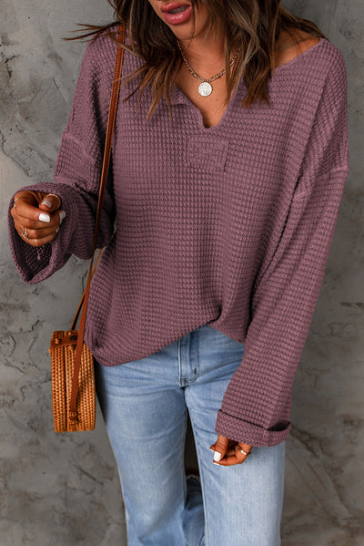 purple Waffle Knit Loose Long Sleeve Top-Tops-MomFashion