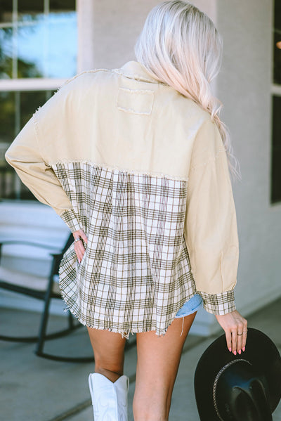 Khaki Distressed Raw Edge Plaid Patchwork Denim Jacket-Outerwear-MomFashion