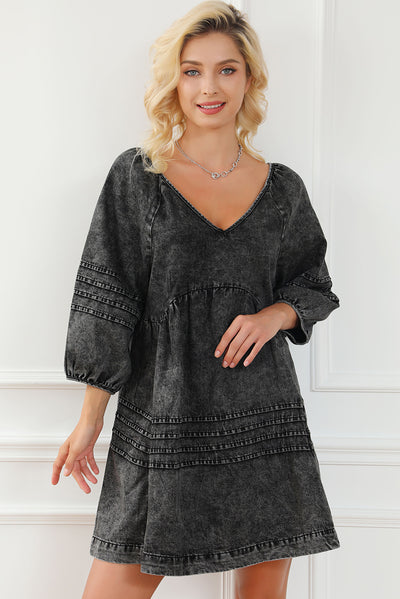 Black Pleated V Neck Puff Sleeve Denim Babydoll Dress-Dresses-MomFashion