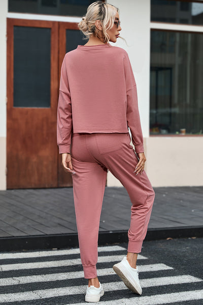 Pink Solid Sport Boxy Fit Pullover & Pants Outfit-Loungewear-MomFashion