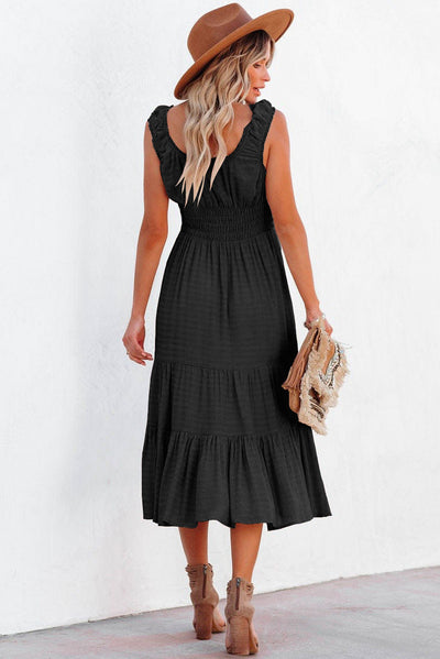 Black U-Neck Sleeveless Ruched Tiered Ruffled Midi Dress-Dresses-MomFashion