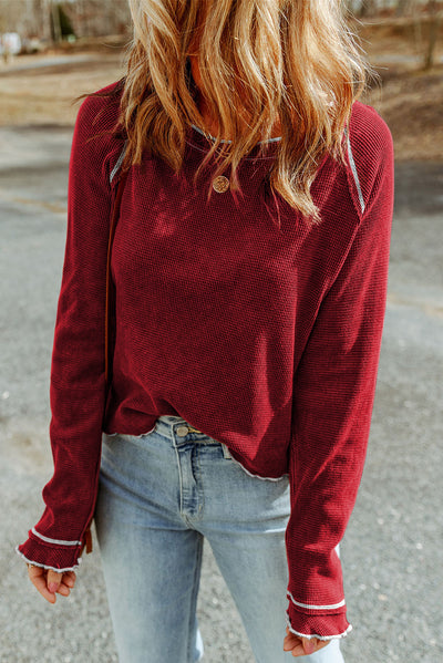 Fiery Red Textured Round Neck Long Sleeve Top-Tops-MomFashion