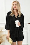 Black 3/4 Sleeves Pleated Shirt and High Waist Shorts Lounge Set-Loungewear-MomFashion