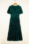 Evergreen Velvet Short Sleeve Shirred Waist Tiered Maxi Dress-Dresses/Maxi Dresses-MomFashion