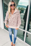 Gray Animal Print Zipped Collared Sweater-Tops-MomFashion