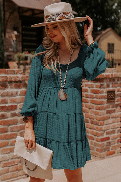 Mist Green Bishop Sleeve Smocked Tiered Mini Dress-Dresses-MomFashion