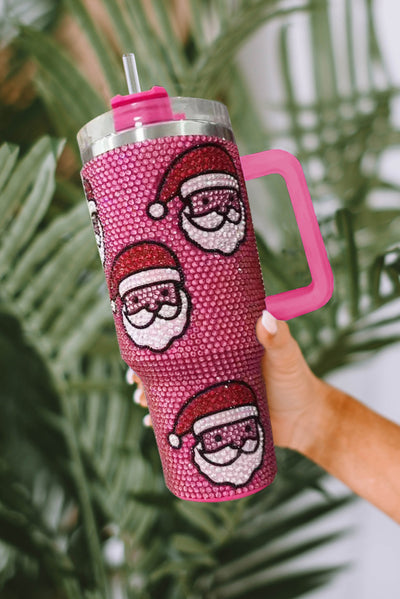 Rose Red Christmas Santa Claus Diamond Thermos Cup with Straw-Accessories-MomFashion