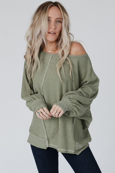 Green Exposed Seam Patchwork Dolman Sleeve Top-Tops-MomFashion