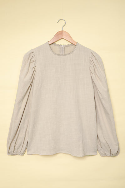 Billowed Sleeve Crew Neck Blouse-Tops-MomFashion