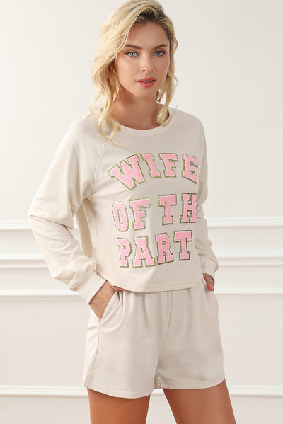 Apricot Letter Print Long Sleeve Top and Shorts Lounge Outfit-Loungewear-MomFashion