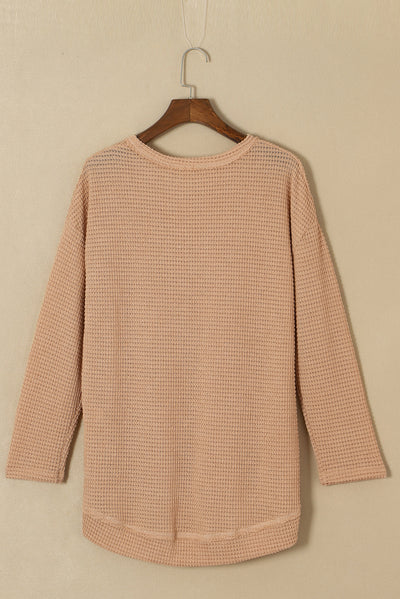 Khaki Waffle Knit High Slits Oversized Top-Tops-MomFashion