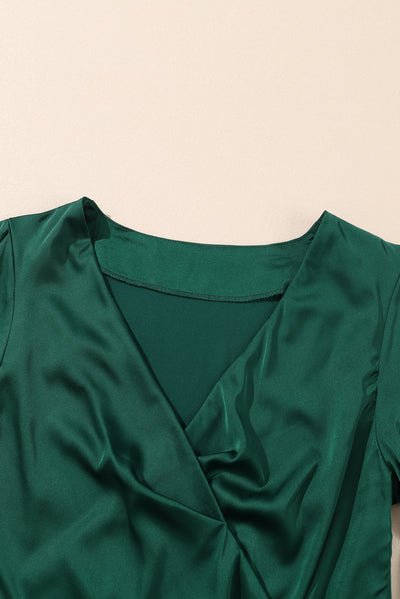 Blackish Green Satin Surplice V Neck Knot Blouse-Tops-MomFashion